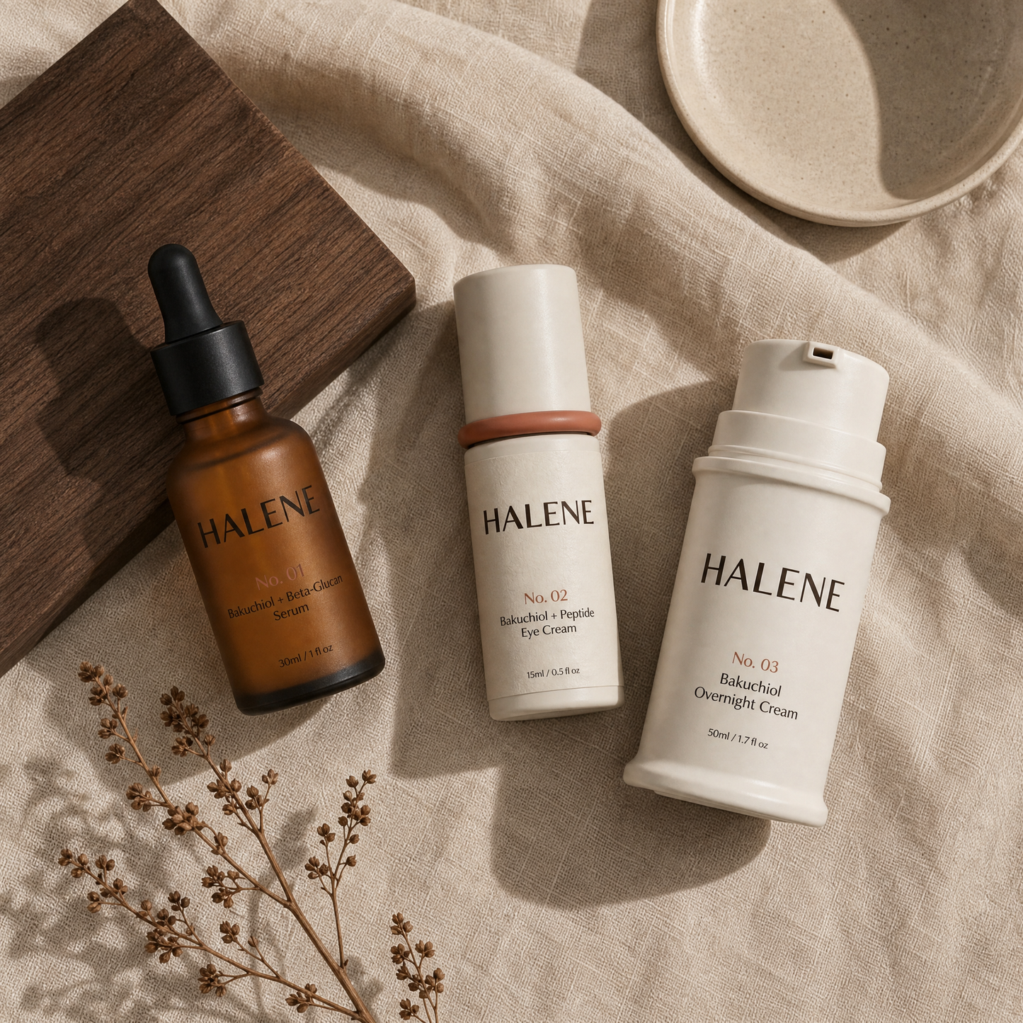 HALENE The Routine, overhead flat-lay of all three bottles on linen