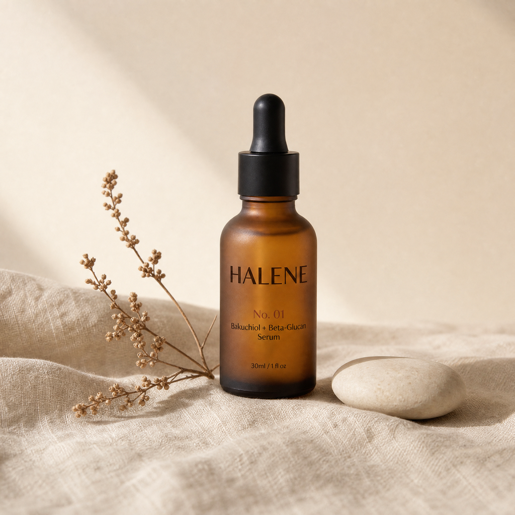HALENE No. 01 serum beside a dried botanical sprig and a pale stone