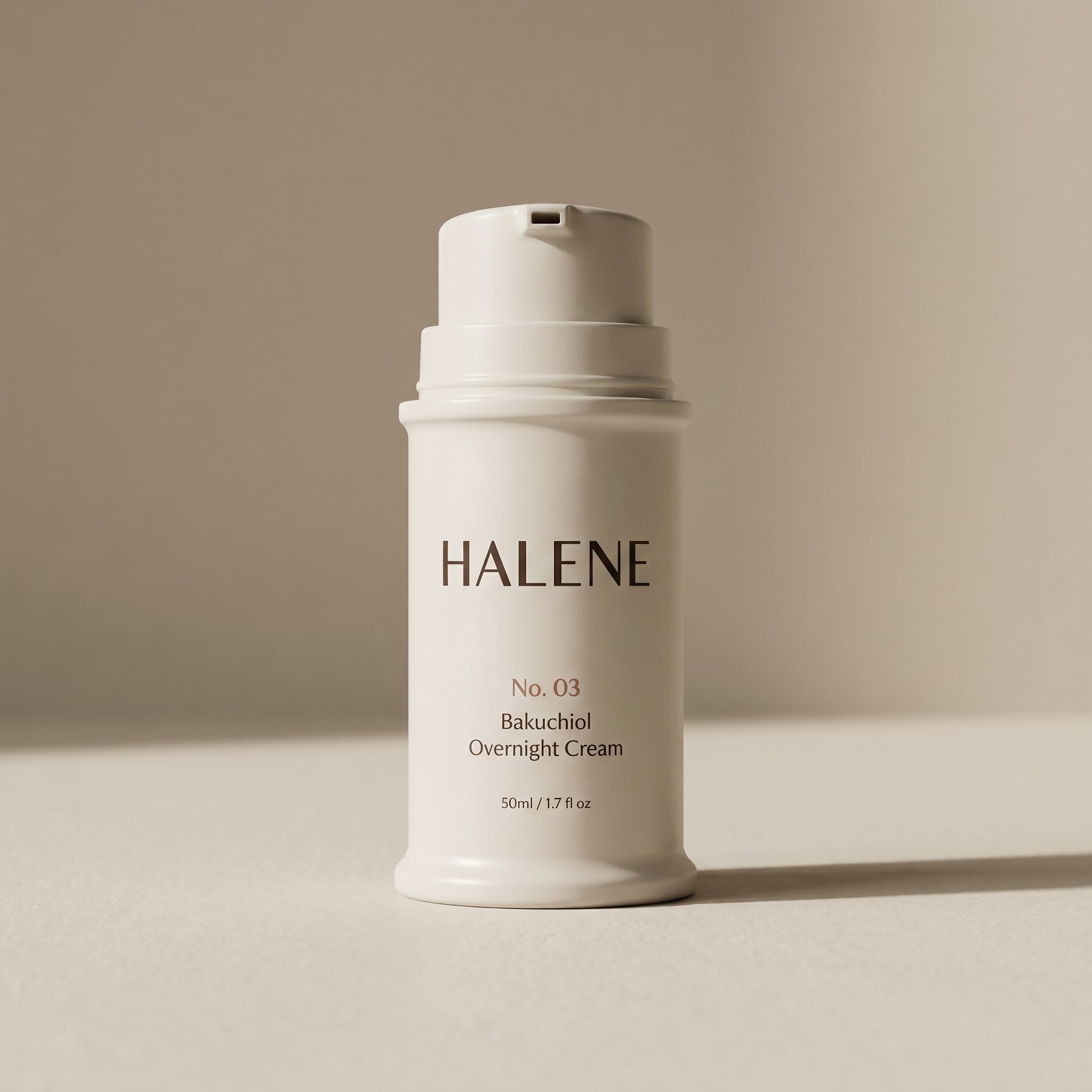 HALENE No. 03 Bakuchiol Overnight Cream on a warm bone surface