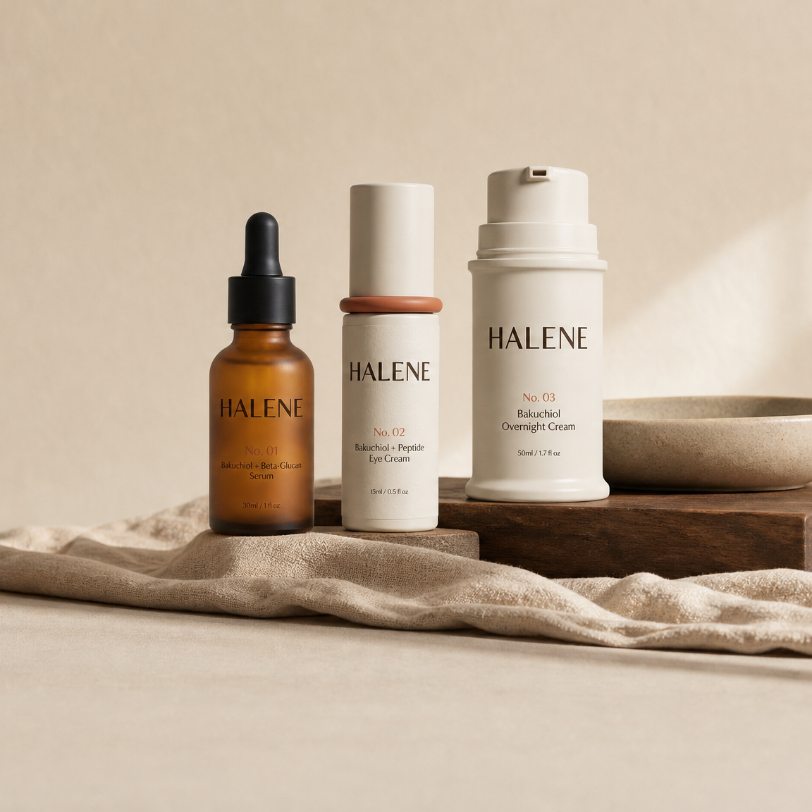 HALENE The Routine, all three bakuchiol products together