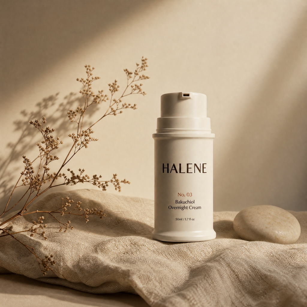 HALENE No. 03 overnight cream in soft evening light with a botanical and stone