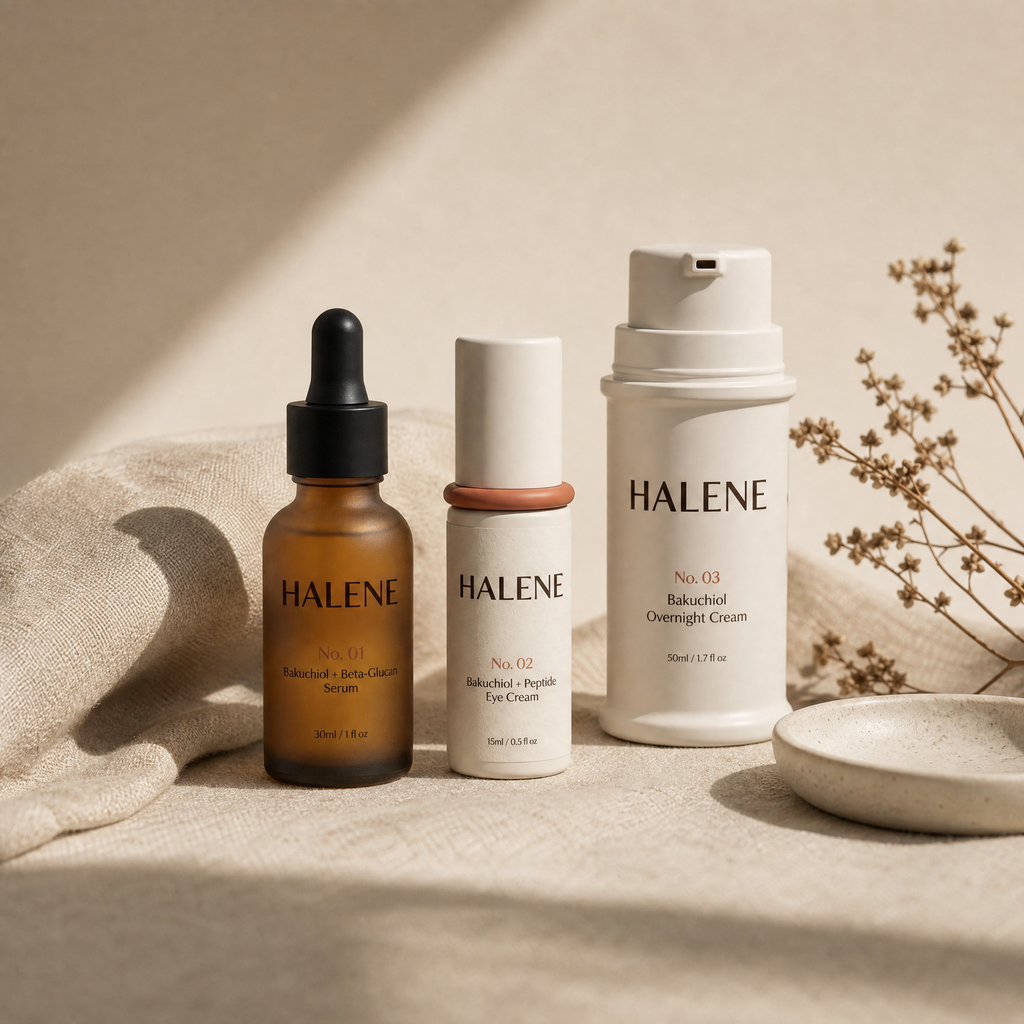 HALENE The Routine, the three bottles in a row from morning to night