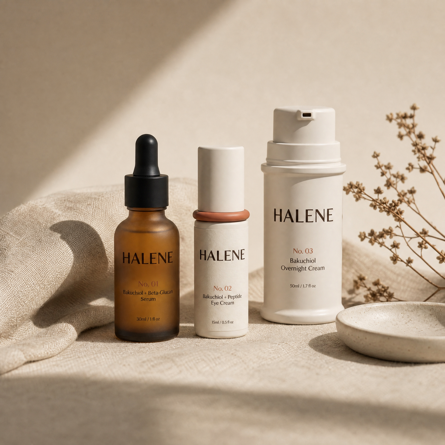 HALENE The Routine, the three bottles in a row from morning to night