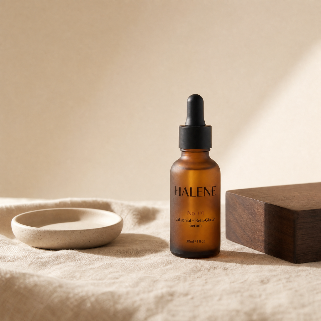 HALENE No. 01 Bakuchiol serum on natural linen with a ceramic dish and walnut block