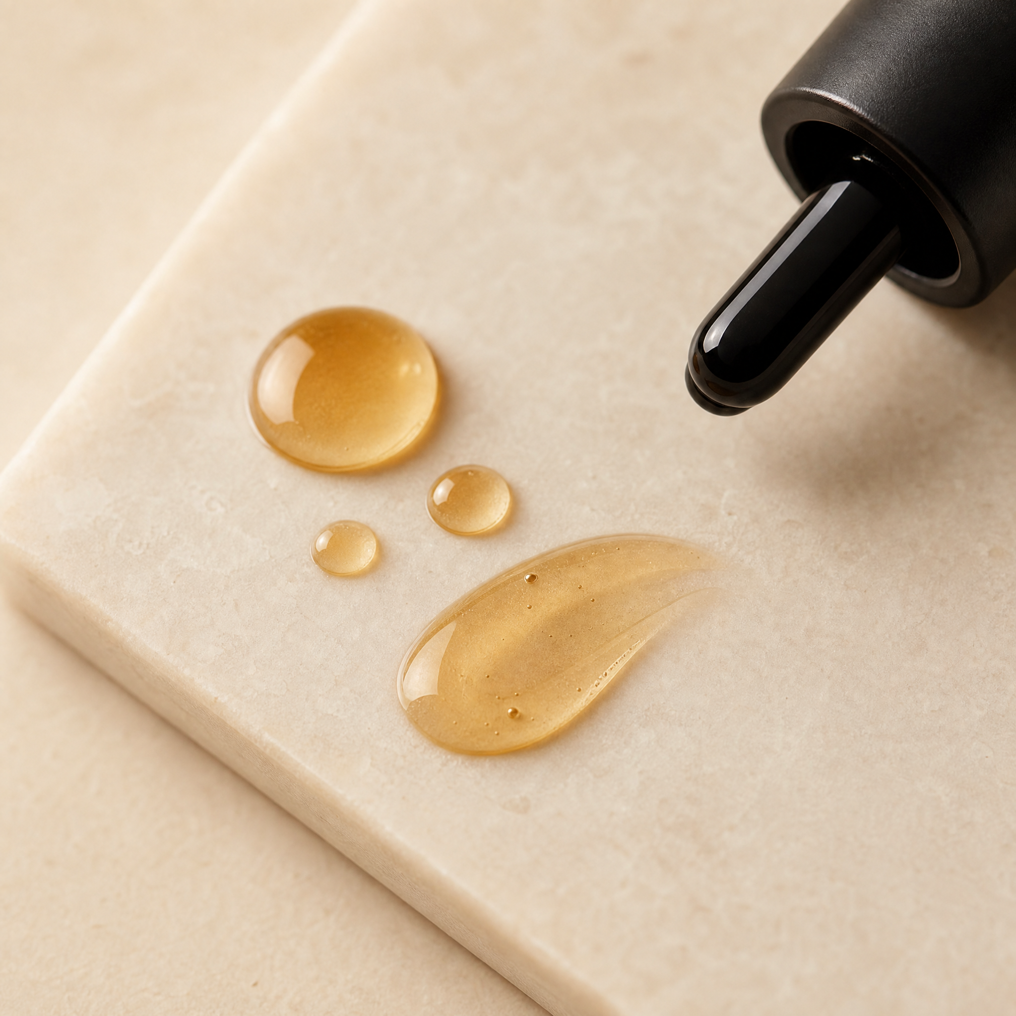 HALENE No. 01 serum texture, glossy amber droplets on a stone tile