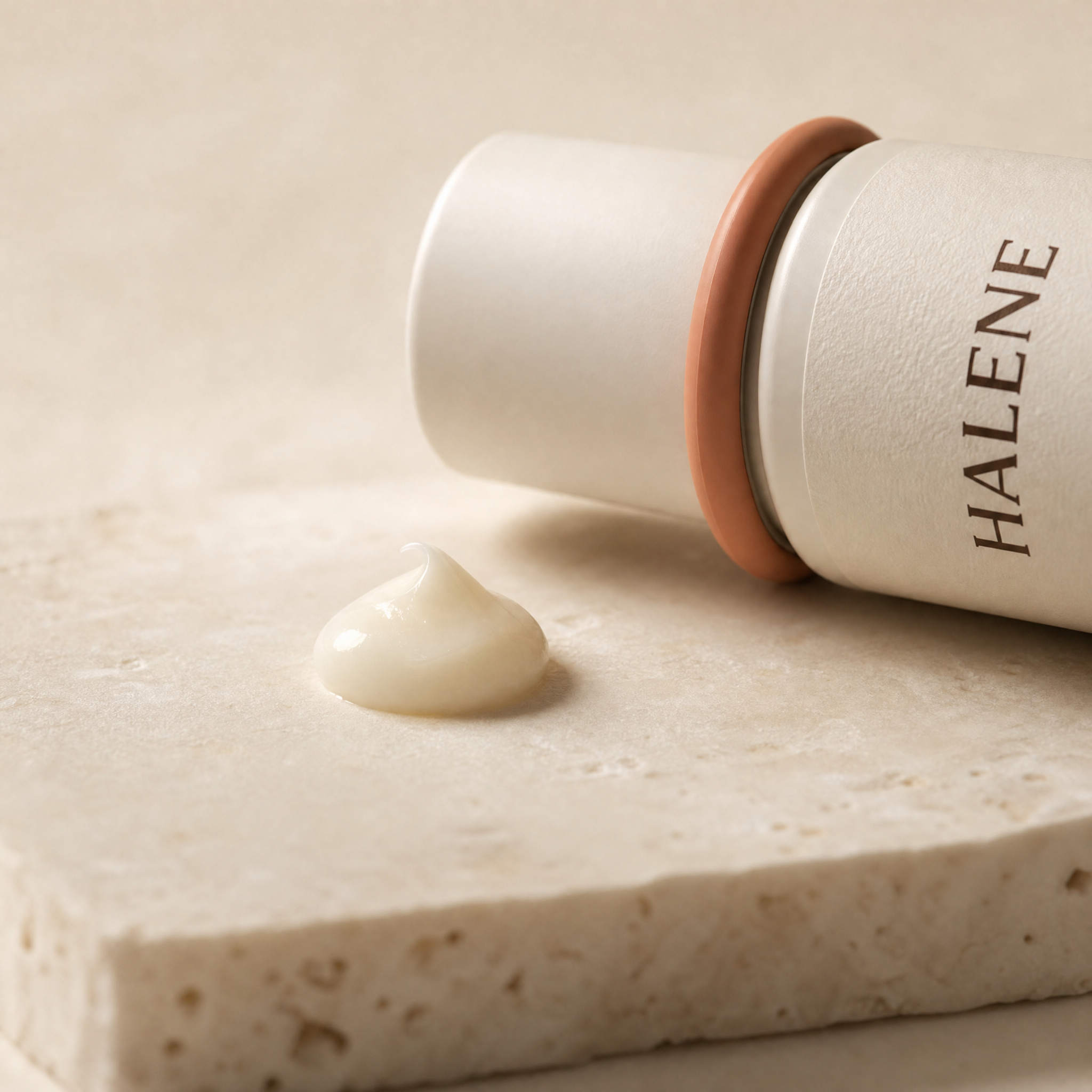 HALENE No. 02 eye cream texture, a soft dollop on a stone tile