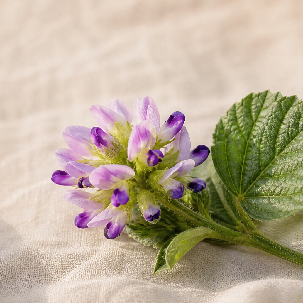 Fresh babchi sprig with purple flower head on cream linen