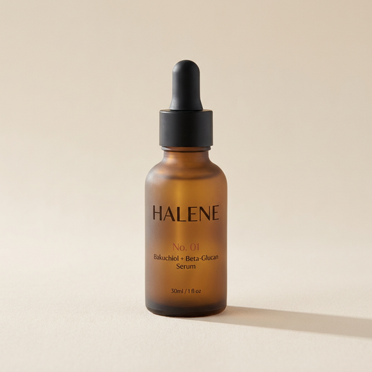 HALENE No. 01 Bakuchiol + Beta-Glucan Serum in a frosted amber glass dropper bottle