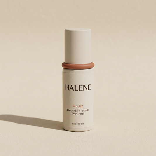 HALENE No. 02 Bakuchiol + Peptide Eye Cream, a bone airless pump with a terracotta ring