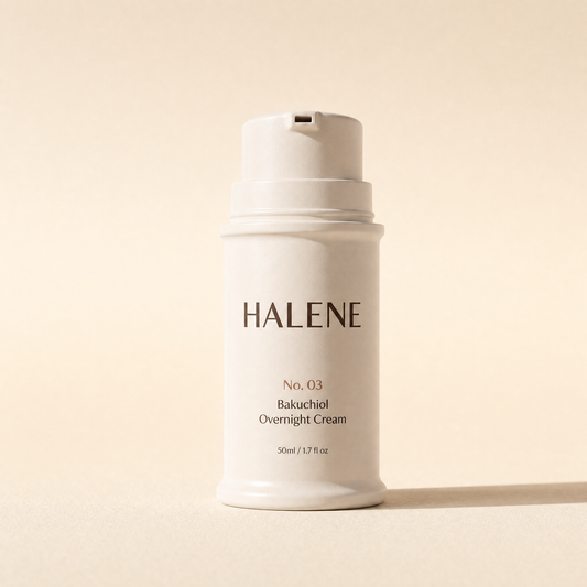 HALENE No. 03 Bakuchiol Overnight Cream in a bone airless pump on a warm bone studio background